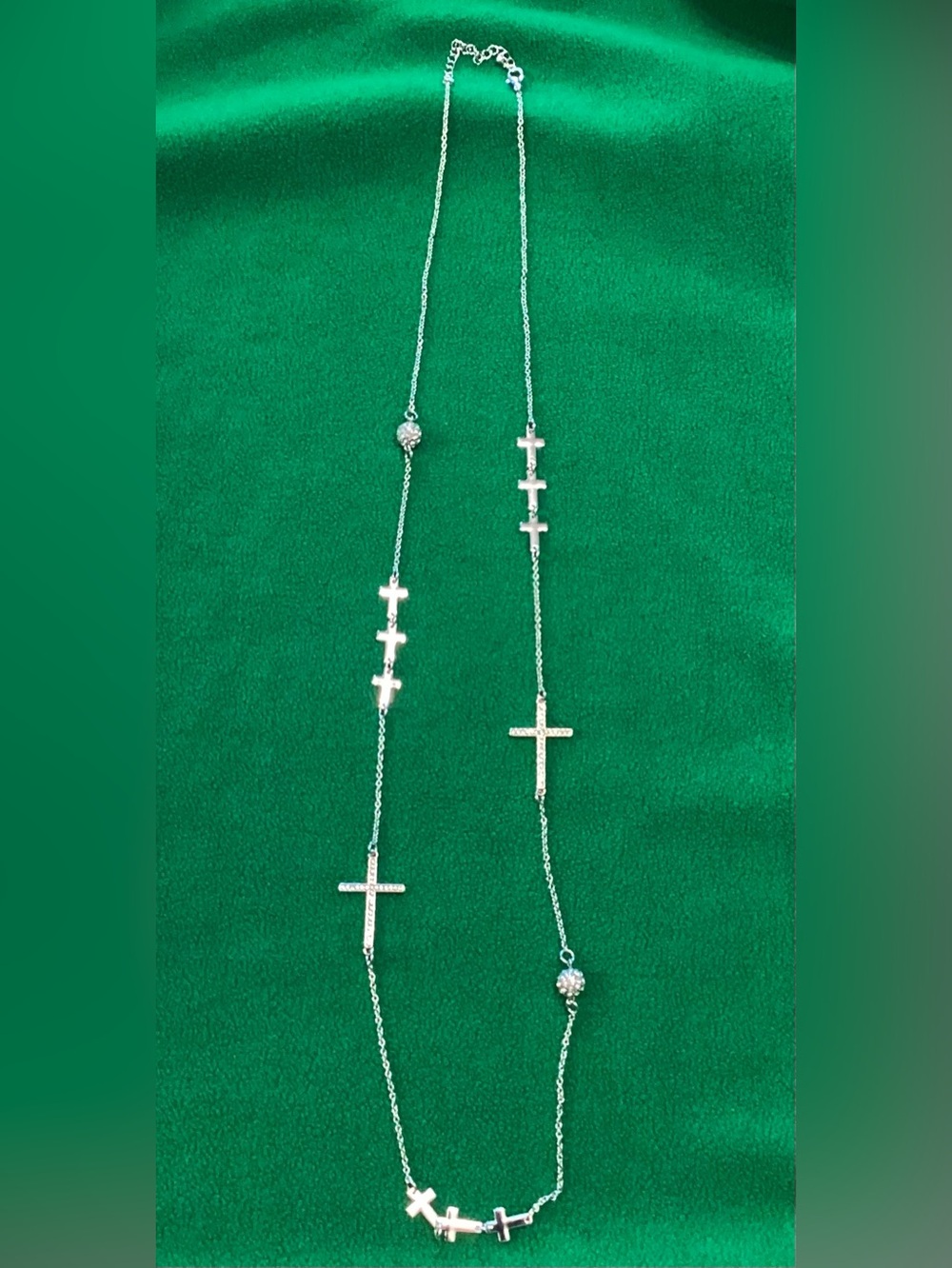 Silver Tone Cross Station Necklace – Long Chain Rhinestone Accent